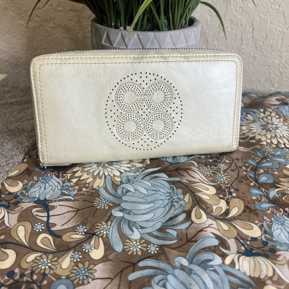 Coach Audrey Accordian Metallic Pearl White Leather Long Wallet
